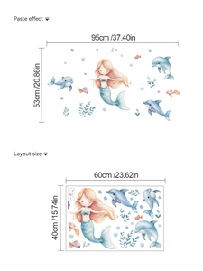 Détails de mise en page et dimensions du sticker mural sirène et dauphin dessin animé