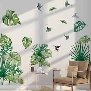 Tropical wall stickers with green plant leaves and colorful birds for living room decor