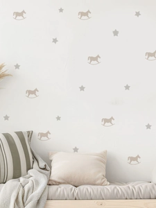 Neutral gray rocking horse and stars wall decal for a cozy nursery or bedroom decor