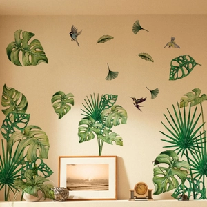Tropical green leaves and birds wall sticker set for a natural living room decor