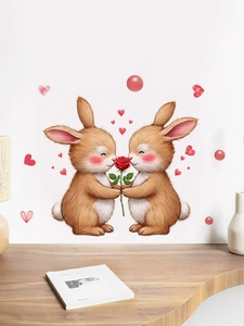 Détail d'un sticker mural lapins mignons avec rose rouge pour décoration de chambre