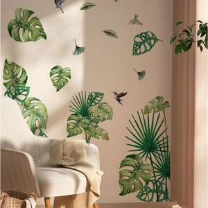 Tropical monstera leaves and birds wall decals for living room interior wall decor