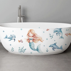 Sticker Mural de Salle de Bain Sirène Dauphin Dessin Animé Imperméable PVC Amovible pour Baignoire Décoration Art Aquarelle
