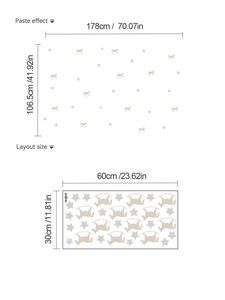 Detailed wall sticker layout guide showing rocking horse and star decals with dimensions