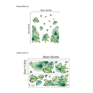 Tropical green leaf wall stickers with hummingbirds, watercolor style self-adhesive decor