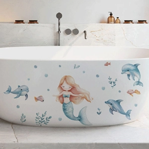 Stickers muraux sirène et dauphin à l'aquarelle pour décoration de baignoire et salle de bain