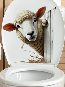 Realistic 3D sheep wall sticker with wood fence detail on a white toilet lid cover