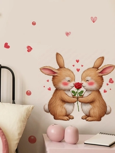 Scène de chambre avec autocollants muraux de lapins mignons avec roses et cœurs