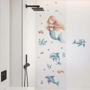Stickers muraux sirène et dauphin autocollants aquarelle pour décoration de salle de bain