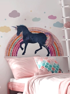 Rainbow unicorn wall stickers with stars and clouds for cozy children's bedroom decor