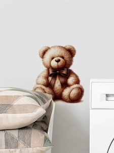 Detail showing 3D plush brown teddy bear wall sticker with a cute dark brown ribbon bow