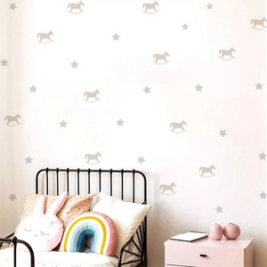 Star and rocking horse wall stickers for kids room with soft grey and beige tones
