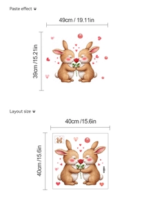 Détails de taille et effet de pose des stickers muraux lapins avec cœurs rouges