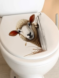 3D realistic sheep sticker detail with wheat on a white bathroom toilet cover surface