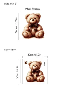 Size chart for brown teddy bear bathroom wall sticker showing 24x27cm layout dimensions