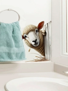 Close-up of realistic 3D sheep wall sticker peeking behind a wooden fence for bathroom decor