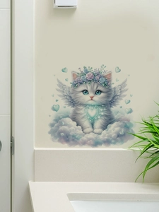 Detail of cute white angel cat wall sticker with flower crown on a bathroom wall