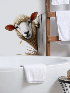 Detailed 3D sheep wall sticker with picket fence behind a white ceramic bathtub