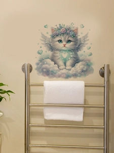 Detail of cartoon angel cat wall sticker with rose crown in a bathroom setting