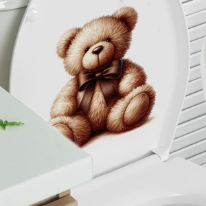 Self-adhesive 3D brown teddy bear wall sticker for bathroom and toilet lid decoration