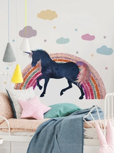 Detailed wall sticker layout featuring a starry unicorn, rainbow, clouds and yellow stars