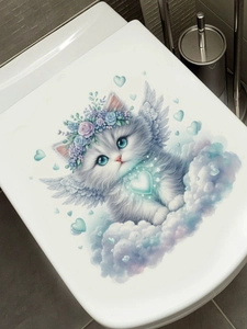 Watercolor angel cat toilet lid decal with wings, floral wreath and blue hearts