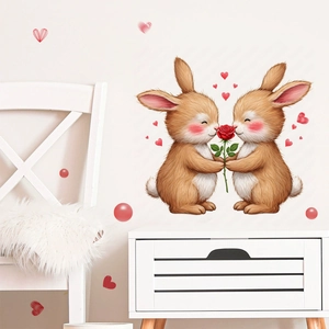Stickers muraux de lapins avec roses et cœurs pour décoration romantique de maison