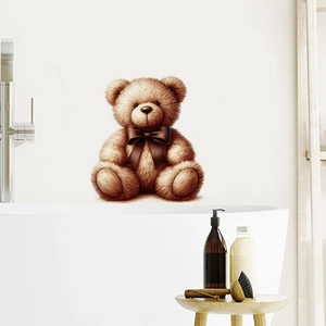 3D brown teddy bear wall sticker with textured fur for bathroom and home decor