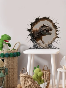3D realistic dinosaur wall sticker showing a T-Rex breaking through a bedroom wall