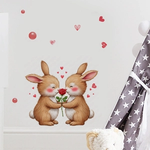 Stickers muraux lapins avec roses et cœurs rouges pour déco chambre enfant douillette