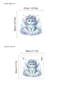 Detailed view of angel cat wall sticker with layout dimensions and final paste effect