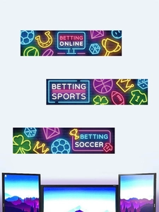 Detail of neon sports betting wall stickers featuring soccer and trophy icons