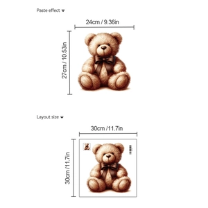 3D brown teddy bear bathroom wall sticker with layout and paste dimensions displayed