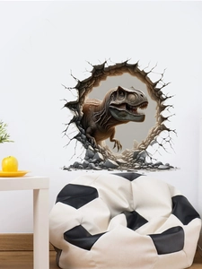 Detailed 3D wall sticker showing a T-Rex dinosaur breaking through a white wall