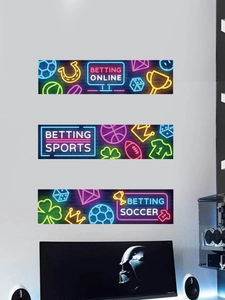 Detail view of neon sports betting wall stickers with soccer and basketball icons