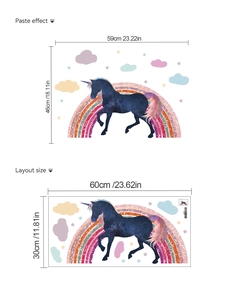 Rainbow unicorn wall decals layout and paste effect dimensions for living room decor
