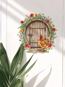 Country style Easter wall sticker featuring a vintage wood door with a rooster and flower wreath