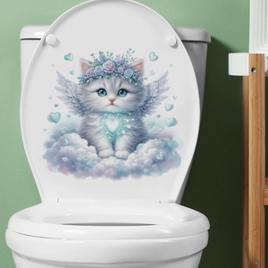 Cartoon Angel White Cat Toilet Sticker Waterproof PVC Removable Wall Decal With Flower Crown Wings For Bathroom Home Decor