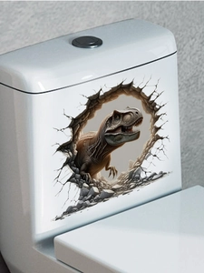 Detailed view of a 3D dinosaur wall sticker with realistic broken wall effect on toilet tank