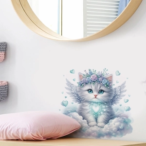 Cute white angel cat wall sticker with floral crown for nursery and bathroom decor