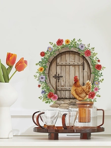 Detail of Easter wooden door wall sticker with colorful flowers and a vivid rooster