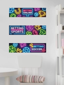 Detailed neon betting wall decals with soccer and trophy icons on a dark brick background