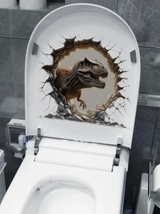 Detail showing 3D T-Rex wall sticker with realistic broken rock effect on a toilet lid