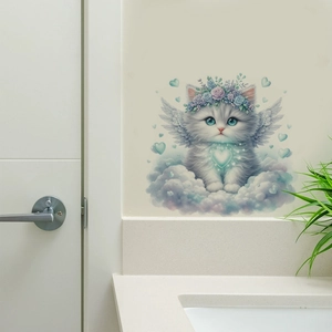 Cute white angel cat wall sticker with flower crown and wings for bathroom decor