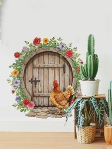 Detail of Easter wall sticker featuring a rustic wooden door and rooster garden scene