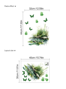 Detail view of green butterfly and pond plant wall decals with precise measurements