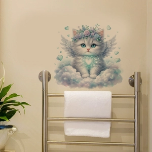 Cartoon white angel cat wall sticker on beige wall with towel rack in bathroom decor