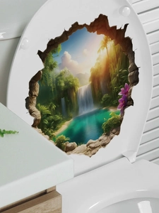 Λεπτομέρεια από 3D αυτοκόλλητο με καταρράκτη σε λευκό κεραμικό καπάκι λεκάνης