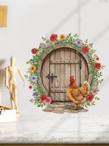 Detailed wall sticker showing a rustic wooden door with colorful flowers and a rooster