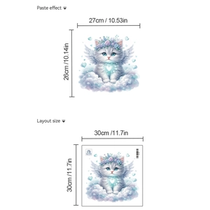 Cartoon white angel cat bathroom wall sticker with purple floral crown and wings decal